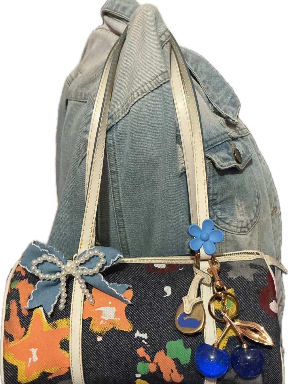 Blue Floral Denim Mini Barrel Bag with Charms